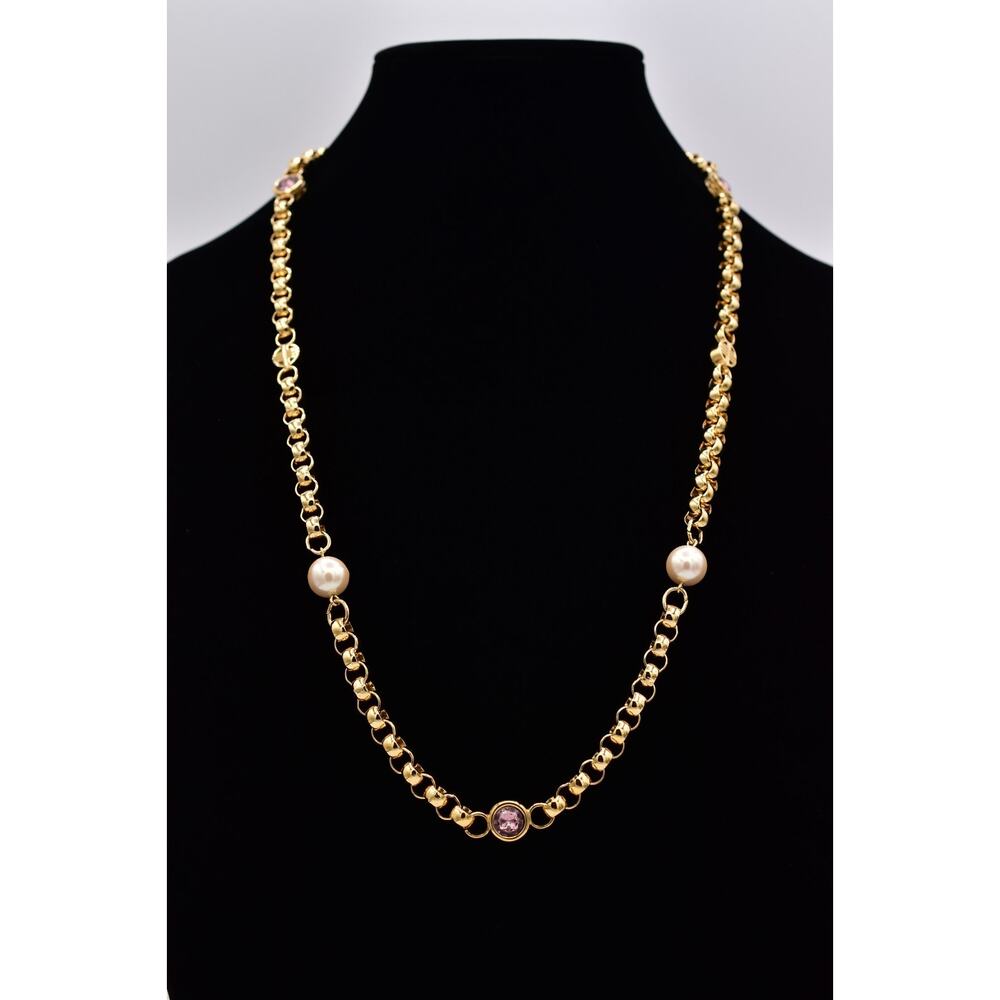 Givenchy Vintage Logo Chain Necklace Pearl Pink Crystal Gold Chunky Signed Bin1 - Picture 2 of 12